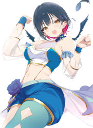 1girl :d absurdres armpit_crease bare_shoulders black_hair blue_flower blue_rose bow braid breasts colored_inner_hair detached_sleeves earrings falling_feathers feathers flower flying_sweatdrops hair_bow heart heart_earrings highres jewelry looking_at_viewer medium_breasts multicolored_hair navel nijisanji nijisanji_en open_mouth pink_hair rose see-through_clothes see-through_sleeves short_hair shorts side_braid sideboob simple_background single_earring single_leg_pantyhose smile solo sparkle sweat vane_(vane0) virtual_youtuber white_background wings yamagami_karuta yellow_eyes