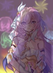 Rule 34 | 1girl, absurdres, aerial fireworks, ansha da wei, bare shoulders, blurry, blurry background, breasts, chinese commentary, cleavage, collarbone, commentary request, corset, diamond-shaped pupils, diamond (shape), elysia (herrscher of human: ego) (honkai impact), elysia (honkai impact), fireworks, highres, honkai (series), honkai impact 3rd, large breasts, long hair, looking at viewer, multicolored hair, night, night sky, pink hair, purple eyes, sky, smile, solo, symbol-shaped pupils, triquetra, two-tone hair, veil, very long hair, white corset, white hair, white veil