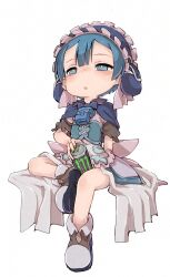 Rule 34 | 1boy, :o, blue capelet, blue eyes, blue hair, blush, bright pupils, can, capelet, energy drink, figure four sitting, frilled hairband, frills, full body, hairband, half-closed eyes, highres, holding, holding can, invisible chair, looking up, made in abyss, maid headdress, male focus, maruruk, monster energy, open mouth, shoes, short hair, simple background, sitting, solo, trap, whistle, whistle around neck, white background, white pupils, ximu shilang