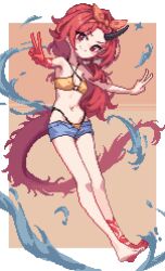 1girl bare_legs barefoot bikini bikini_under_shorts black_horns blue_archive blue_shorts commentary criss-cross_halter dasa_(bearisalive) denim denim_shorts dragon_girl dragon_tail halterneck horns long_hair navel orange_bikini pixel_art ponytail red_eyes red_hair red_tail renge_(blue_archive) renge_(swimsuit)_(blue_archive) short_shorts shorts single_horn solo swimsuit tail v