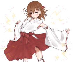 1girl :3 alternate_costume bare_shoulders blush bow brown_eyes brown_hair commentary_request detached_sleeves dot_nose feet_out_of_frame hair_between_eyes hakama hakama_skirt hand_up head_tilt heart japanese_clothes kosode lightning_bolt_symbol long_sleeves looking_at_viewer medium_hair medium_skirt misaka_mikoto nontraditional_miko outstretched_arm parted_lips pink_heart pink_lips pleated_skirt red_bow red_skirt shin_(highest1192) skirt sleeves_past_wrists smile solo standing thighs toaru_kagaku_no_railgun toaru_majutsu_no_index white_background white_sleeves wide_sleeves