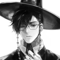1boy ailianmachao47679 arm_tattoo asymmetrical_bangs bespectacled black_hair commission finger_tattoo gat_(hat) glasses greyscale hat hat_ribbon high_collar highres korean_traditional_hat looking_at_viewer lookism medium_hair monochrome neck_tattoo ribbon robe seo_seong_eun simple_background solo tattoo upper_body white_background