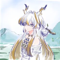 1girl arknights artist_name bare_shoulders blonde_hair closed_mouth day dragon_girl dragon_horns earrings green_eyes hair_between_eyes hair_intakes highres horns jewelry light_smile long_hair looking_at_viewer multicolored_hair necklace off_shoulder outdoors pointy_ears purple_hair ray229 shu_(arknights) sketch solo strapless tube_top upper_body white_hair white_tube_top