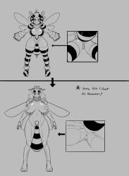anythinggoes arthropod_girl ass bee_girl breasts digimon digimon_(creature) helmet highres huge_breasts insect_girl large_breasts looking_at_viewer monochrome monster_girl original ranamon
