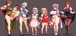 1girl 5futa absurdres apron ascot bat_wings beret black_shoes black_skirt black_vest blonde_hair blue_eyes blue_hair book boots bow bowtie braid breasts bright_pupils brooch cape capelet censored cleavage clothes_lift covered_erect_nipples covered_navel crescent crescent_hat_ornament crossed_arms crystal crystal_wings cum demon_wings erection fighting_stance flandre_scarlet footwear_bow frilled_skirt frilled_socks frills futanari green_bow green_bowtie green_vest grey_hair hands_on_own_chest hat hat_ornament hat_ribbon head_wings high_heel_boots high_heels highres hong_meiling huge_breasts huge_penis huge_testicles izayoi_sakuya jewelry koakuma large_breasts large_penis large_testicles leotard long_hair long_sleeves looking_at_viewer maid maid_apron maid_headdress mary_janes miniskirt mob_cap multicolored_wings multiple_futa necktie one_side_up open_mouth pantyhose parted_bangs patchouli_knowledge pelvic_curtain penis penis_in_pantyhose peso_(cheese_company) pink_hat pink_shoes pointing pointing_at_self pointy_ears puffy_short_sleeves puffy_sleeves purple_eyes purple_hair red_ascot red_bow red_bowtie red_eyes red_hair red_nails red_skirt red_vest remilia_scarlet ribbon shirt shoes short_hair short_sleeves side_ponytail sidelocks skirt skirt_lift skirt_set small_breasts smile socks star_(symbol) striped_clothes striped_leotard testicles thick_thighs thighs touhou translation_request twin_braids vertical-striped_clothes vertical-striped_leotard vest waist_apron white_boots white_hat white_pupils white_socks wings wrist_cuffs yellow_ascot