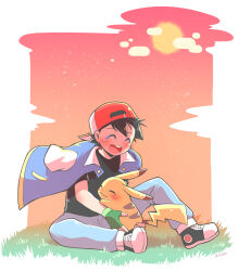 1boy ash_ketchum backwards_hat baseball_cap black_hair black_shirt blush closed_eyes gen_1_pokemon grey_pants hat hug jacket jacket_on_shoulders kipam male_focus nintendo on_grass on_ground open_mouth pants pikachu pokemon pokemon_(anime) pokemon_(classic_anime) pokemon_(creature) protected_link shirt shoes short_hair smile sneakers sun sunset teeth upper_teeth_only