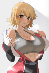 Rule 34 | 1girl, :/, absurdres, bare shoulders, blonde hair, bodysuit, breasts, brown eyes, cagalli yula athha, cleavage, closed mouth, commentary, grey sports bra, gundam, gundam seed, gundam seed freedom, hair between eyes, hamigaki (hikaruyusi), highres, large breasts, looking at viewer, mecha pilot suit, open bodysuit, open clothes, opened by self, short hair, solo, sports bra, steaming body, sweat, upper body, v-shaped eyebrows
