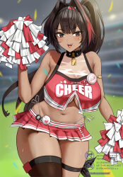 1girl :d ahoge badge bandaid bandaid_on_arm bare_shoulders bay_(nikke) black_hair black_thighhighs blurry blurry_background breasts brown_eyes button_badge cheerleader clothes_writing collar commentary confetti crop_top dark-skinned_female dark_skin english_commentary goddess_of_victory:_nikke hair_between_eyes hair_intakes hairband hand_up highleg highleg_panties highres holding holding_pom_poms large_breasts lock long_hair looking_at_viewer mole mole_on_stomach mole_on_thigh mole_under_eye mole_under_mouth multicolored_hair navel open_mouth padlock padlocked_collar panties pom_pom_(cheerleading) pom_poms ponytail red_hair side-tie_panties single_thighhigh smile solo spiked_collar spikes stadium star_sticker sticker_on_face streaked_hair teeth thick_thighs thigh_strap thighhighs thighs twitter_username two-tone_skirt two-tone_tank_top underwear upper_teeth_only very_long_hair white_panties yamamori_kinako