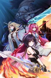 4girls absurdres armor bare_shoulders black_dress black_hair black_sclera blonde_hair blue_eyes blue_hair bodysuit book breastplate breasts closed_mouth collar colored_inner_hair colored_sclera commentary crown_of_thorns dress earrings elbow_pads english_commentary female_rover_(wuthering_waves) flareza fleurdelys_(wuthering_waves) floating_earrings hair_ornament hairband hairclip highres holding holding_book holding_sword holding_weapon horns jewelry large_breasts long_hair looking_at_viewer lupa_(wuthering_waves) medium_breasts metal_collar metal_hairband multicolored_hair multiple_girls mya_(wuthering_waves) open_book page_tear parallel_hairclips parted_bangs pink_hair pointy_ears red_sash revealing_layer reverse_grip rover_(wuthering_waves) sash sidelocks single_horn sword tabard tacet_mark_(wuthering_waves) twintails weapon white_bodysuit white_tabard wuthering_waves yellow_eyes yellow_horns