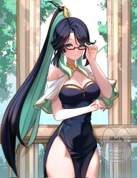 1girl adjusting_eyewear alternate_costume ananna_art arm_under_breasts black_dress black_hair breasts cleavage colored_inner_hair commentary corrupted_twitter_file day dress genshin_impact glasses green_eyes green_hair hand_up hashtag-only_commentary high_ponytail highres large_breasts light_smile long_hair looking_at_viewer multicolored_hair outdoors pelvic_curtain ponytail red-framed_eyewear semi-rimless_eyewear solo very_long_hair watermark xianyun_(genshin_impact)