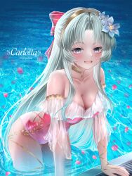 Rule 34 | 1girl, artist name, bare shoulders, bow, breasts, carlotta (wuthering waves), character name, cleavage, collarbone, commentary, english commentary, flower, grey hair, hair bow, hair flower, hair ornament, highres, long hair, looking at viewer, medium breasts, official alternate costume, one-piece swimsuit, open mouth, parted bangs, petals, petals on liquid, pink bow, pink eyes, pink one-piece swimsuit, pink petals, poolside, smile, solo, striped bow, swimsuit, sylphynia, thighs, very long hair, wading, white flower, wuthering waves