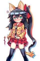 Rule 34 | 1girl, ajitarou (setsu), anger vein, animal ears, balulu alma, black hair, black thighhighs, blue eyes, closed mouth, clothes lift, embarrassed, emil chronicle online, frilled skirt, frills, gluteal fold, hair ribbon, hood, hooded jacket, jacket, long hair, raised inner eyebrows, red ribbon, red skirt, ribbon, side ponytail, skirt, skirt lift, tail, tearing up, thighhighs, white background