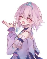1girl ame_00531 bare_shoulders blue_dress blue_hair closed_mouth clothing_cutout colored_tips commentary detached_sleeves dress from_side hands_up honkai:_star_rail honkai_(series) march_7th_(honkai:_star_rail) march_7th_(nascent_spring)_(honkai:_star_rail) medium_hair multicolored_dress multicolored_hair nail_polish off-shoulder_dress off_shoulder official_alternate_costume open_mouth pink_hair purple_dress purple_sleeves smile solo tiara white_dress white_sleeves