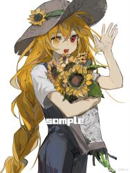 1girl blonde_hair blush bouquet chinese_commentary commentary_request dot_nose flower flower_on_head hair_between_eyes hand_up happy hat heterochromia highres holding holding_flower indie_virtual_youtuber kaofish long_bangs long_braid long_hair looking_at_viewer nihao_bot open_mouth overalls red_eyes sample_watermark short_sleeves simple_background sunflower upper_body very_long_hair watermark white_background yellow_eyes