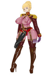 1girl adapted_costume belt blonde_hair blue_eyes bodysuit boots breasts cecilia_irene commentary_request condom covered_erect_nipples dildo dominatrix full_body gloves gundam gundam_gquuuuuux hair_bun high_heel_boots high_heels highres komii large_breasts latex latex_bodysuit latex_boots latex_gloves looking_at_viewer lube military_uniform nipples platform_boots see-through_bodysuit see-through_clothes sex_toy shrug_(clothing) solo standing strap-on thigh_boots thighhighs used_condom zipper