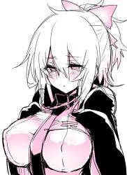 1girl :&lt; between_breasts blush bow breasts covered_erect_nipples devil_survivor_(series) devil_survivor_2 eyelashes hair_bow haoro hotsuin_miyako large_breasts medium_hair monochrome necktie necktie_between_breasts simple_background sketch upper_body white_background white_hair