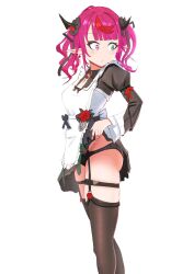 1girl angelchama apron black_dress black_garter_straps black_panties black_thighhighs blue_eyes breasts closed_mouth clothes_lift dress dress_lift garter_straps heterochromia highres hololive hololive_english horns irys_(hololive) irys_(maid)_(hololive) lifting_own_clothes looking_at_viewer maid maid_apron medium_breasts medium_hair multicolored_hair official_alternate_costume official_alternate_hairstyle panties pointy_ears purple_hair red_eyes red_hair solo streaked_hair thigh_strap thighhighs two_side_up underwear virtual_youtuber white_apron