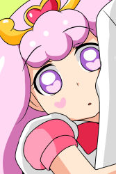 1girl go!_princess_precure hair_ornament heart heart-shaped_pupils highres hug hug_from_behind light_purple_hair looking_at_viewer nishi_koutarou open_mouth pink_hair precure puff_(go!_princess_precure) puff_(go!_princess_precure)_(human) solo_focus symbol-shaped_pupils