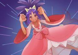 1girl ahoge artist_request big_hair child clenched_hands collarbone crown dark-skinned_female dark_skin dress facing_viewer female_focus flat_chest hands_up highres iris_(pokemon) knees legs long_dress long_hair long_sleeves looking_at_viewer low-tied_long_hair neck nintendo official_alternate_costume official_alternate_hairstyle open_clothes open_mouth open_skirt pink_dress pokemon pokemon_bw2 ponytail purple_hair red_eyes sidelocks_tied_back skirt standing v-neck v-shaped_eyebrows very_long_hair wide_sleeves