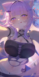 1girl :q absurdres ahoge animal_ear_fluff animal_ears bandaid_on_hip blunt_bangs blurry blurry_background breasts cat_ears cat_girl cat_tail choker cleavage commentary_request criss-cross_halter crop_top hair_ornament hairclip halterneck heart heart_in_eye highres hololive large_breasts licking_lips long_hair looking_at_viewer messy_hair navel nekomata_okayu nekomata_okayu_(personya_respect) o-ring o-ring_choker official_alternate_costume official_alternate_hair_length official_alternate_hairstyle open_fly pov purple_eyes purple_hair see-through_shrug shirt solo stomach symbol_in_eye tail tongue tongue_out torn_clothes torn_shirt virtual_youtuber yusha_(lv1_yusha_522)