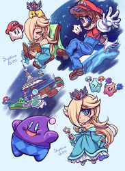 Rule 34 | 1boy, 1girl, bare shoulders, blonde hair, blue eyes, blush, book, brown hair, chair, chibi, closed eyes, comet observatory, crown, facial hair, floating hair, gloves, hat, highres, hungry luma (super mario galaxy), instrument, long hair, luma (mario), lumalee, maracas, mario, mario (series), mustache, nintendo, one eye covered, open mouth, overalls, rocking chair, rosalina, rosie (supnovagy), shoes, sitting, smile, soles, space, sress, star-shaped pupils, star (sky), star (symbol), super mario galaxy, super mario galaxy 2, symbol-shaped pupils, wand