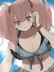 1girl anchor_hair_ornament atlanta_(kancolle) atlanta_(swimsuit)_(kancolle) bikini blue_sky blush breasts brown_hair cleavage collarbone day earrings grey_bikini grey_eyes hair_ornament highres jewelry kantai_collection large_breasts long_hair looking_at_viewer milktea_(milkteaillust) outdoors side-tie_bikini_bottom sky solo star_(symbol) star_earrings swimsuit two_side_up