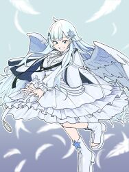 Rule 34 | 1girl, absurdres, ankle boots, belt, black belt, blue eyes, blue hair, boots, breasts, cape, dress, falling feathers, feathered wings, feathers, frilled dress, frills, hair ornament, hairclip, highres, large breasts, layered dress, long hair, long sleeves, neck ribbon, nijisanji, o-ring, o-ring belt, outstretched arms, puffy long sleeves, puffy sleeves, ribbon, simple background, smile, snowflake hair ornament, snowflakes, solo, teeth, towel kawata, virtual youtuber, waist ribbon, white belt, white boots, white cape, white dress, wings, yukishiro mahiro, yukishiro mahiro (5th costume)