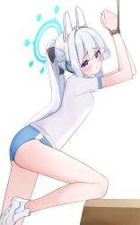 Rule 34 | 1girl, absurdres, ass, bare legs, blue archive, blue buruma, blush, bound, buruma, closed mouth, gym uniform, halo, highres, long hair, miyako (blue archive), purple eyes, shirt, shoes, short sleeves, sidelocks, simple background, solo, thighs, tisofofo, very long hair, white background, white hair, white shirt