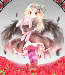 Rule 34 | 1girl, akeyo26, black boots, black dress, black hairband, black ribbon, black wings, boots, dark feather alma, dress, emil chronicle online, flower, frilled hairband, frilled ribbon, frills, hairband, highres, holding, holding stuffed toy, long hair, purple thighhighs, red eyes, ribbon, rose, standing, striped clothes, striped thighhighs, stuffed toy, thighhighs, wings