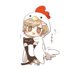 Rule 34 | 1boy, :d, blush stickers, brown eyes, brown hair, chicken costume, flying sweatdrops, hair ornament, hairclip, hood, hood up, kanae (nijisanji), lowres, male focus, nijisanji, open mouth, rebecca (keinelove), roto (kanae), simple background, smile, solo, standing, stuffed animal, stuffed cat, stuffed toy, translation request, virtual youtuber, white background