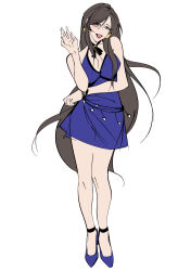 Rule 34 | 1girl, absurdres, arm under breasts, black hair, breasts, cleavage, commentary, crescent, crescent earrings, dress, earrings, final fantasy, final fantasy vii, final fantasy vii remake, full body, halter dress, halterneck, hand up, high heels, highres, jewelry, long hair, mianmian741, open mouth, purple dress, purple footwear, red eyes, red lips, simple background, solo, tifa lockhart, tifa lockhart (refined dress), very long hair, waving, white background