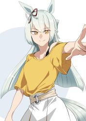Rule 34 | 1girl, absurdres, animal ears, belt, blunt ends, bow, bra strap, braid, casual, closed mouth, commentary, cowboy shot, crown braid, ear ribbon, foreshortening, fujimasa march (umamusume), green hair, half updo, highres, horse ears, horse girl, horse tail, kakuteru sudachi, long hair, looking at viewer, pointing, pointing at viewer, shirt, short sleeves, skirt, smile, solo, standing, straight hair, t-shirt, tail, umamusume, umamusume: cinderella gray, white belt, white skirt, yellow eyes, yellow shirt