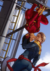 2girls absurdres black_hair blonde_hair blue_bodysuit blue_sky bodysuit captain_marvel carol_danvers closed_eyes cloud day dima_ivanov highres jessica_drew kiss marvel multiple_girls outdoors red_bodysuit red_sash sash sky spider-man_(series) spider-woman waist_sash yuri