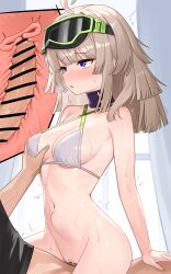 1boy 1girl aa-12_(girls&#039;_frontline) absurdres bar_censor bare_shoulders bikini blush bottomless breasts brown_hair censored commentary cross-section english_commentary girls&#039;_frontline girls&#039;_frontline_2:_exilium goggles goggles_on_head groping heart heart_censor hetero highres long_hair medium_breasts nabiyan navel paid_reward_available purple_eyes pussy sex stomach_bulge sweat swimsuit uterus white_bikini