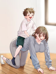 1boy 1girl age_difference all_fours and_opi before_and_after black_socks breasts brown_hair child closed_mouth collarbone commentary_request green_shorts grey_sweater hair_between_eyes happy highres indoors jewelry large_breasts light_blush long_sleeves medium_hair mole mole_under_eye mother_and_son open_mouth original pants riding ring short_hair shorts sidelocks socks sweatdrop sweater wedding_ring white_socks wooden_floor