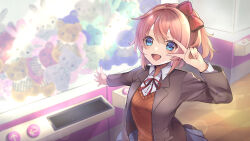 1girl :d absurdres arcade blazer blue_eyes blue_skirt blurry blurry_background bow breasts brown_hair brown_jacket brown_sweater_vest brown_vest checkered_floor collared_shirt commission crane_game depth_of_field doki_doki_literature_club doki_doki_literature_club_school_uniform grey_jacket hair_between_eyes hair_bow hair_ornament hand_up highres jacket lapels layered_sleeves lens_flare light_blush light_particles light_rays long_sleeves looking_at_viewer medium_breasts neck_ribbon notched_lapels one_eye_closed open_clothes open_jacket open_mouth orange_sweater_vest orange_vest outstretched_arm pixiv_commission pleated_skirt red_bow red_ribbon ribbon sayori_(doki_doki_literature_club) school_uniform shirt skirt smile solo standing stuffed_animal stuffed_toy sweater_vest toy upper_body ura_(hamburg_oniku) v v_over_eye vest