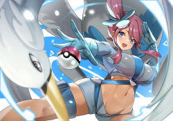 1girl blue_eyes blue_gloves blue_jacket blue_shorts blue_sky breasts crop_top cropped_jacket game_freak gen_5_pokemon gloves highres jacket large_breasts long_hair looking_at_viewer midriff navel nintendo one_side_up open_mouth outstretched_arm poke_ball poke_ball_(basic) pokemon pokemon_bw red_hair short_shorts shorts sidelocks sky skyla_(pokemon) smile solo swanna teddypocky thighs