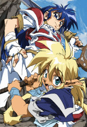 1990s_(style) 2girls armor blonde_hair blue_eyes blue_hair breastplate carrying_over_shoulder closed_mouth dark-skinned_female dark_skin day fam_(ruin_explorers) fang fingerless_gloves gloves hairband hand_on_own_hip highres hikyou_tanken_fam_&amp;_ihrie holding holding_staff holding_sword holding_weapon ihrie long_hair looking_at_viewer multiple_girls open_mouth outdoors pauldrons pointy_ears retro_artstyle shino_(2919) shoulder_armor smile staff sword tail weapon wristband