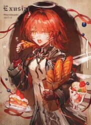 1girl arknights bag baguette black_gloves black_jacket black_ribbon bread cake cake_slice character_name chinese_commentary commentary_request cowboy_shot earrings eating exusiai_(arknights) exusiai_the_new_covenant_(arknights) fingerless_gloves food food_on_face fork gloves halo holding holding_bag holding_food jacket jewelry knife long_sleeves looking_at_viewer medium_hair neck_ribbon open_mouth paper_bag qingdongsw red_hair ribbon saucer solo standing traditional_halo twitter_username white_halo yellow_eyes