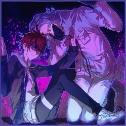 2boys absurdres ahoge aizendai aotsuki_eito black_gloves black_pants black_shoes blood blood_splatter blue_eyes blue_jacket blue_outline breast_pocket chinese_commentary covering_own_mouth cramped drawstring full_body glasses gloves grey_hair grey_jacket hand_on_another&#039;s_chest hand_over_own_mouth highres hood hoodie jacket kneeling male_focus multicolored_hair multicolored_jacket multiple_boys open_clothes open_jacket outline pants pink_blood pocket red_hair shoes short_hair sitting streaked_hair sumino_takumi the_hundred_line_-last_defense_academy- thigh_strap two-tone_jacket white_hoodie white_jacket white_pants white_shoes