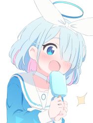 arona_(blue_archive) blue_archive blue_eyes blue_hair blue_halo blue_skirt bow_hairband choker colored_inner_hair commentary food hair_over_one_eye hairband halo highres holding holding_food holding_popsicle kosazi_kohi long_sleeves multicolored_hair open_mouth pink_hair popsicle sailor_collar simple_background skirt upper_body white_background white_choker white_hairband white_sailor_collar