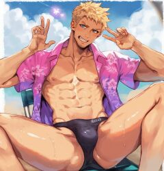 00rux 1boy abs bara black_male_swimwear blonde_hair blue_eyes bulge cloud day facial_hair final_fantasy final_fantasy_vii final_fantasy_vii_ever_crisis glenn_lodbrok hawaiian_shirt highres looking_at_viewer male_focus male_swimwear muscular muscular_male navel nipples open_clothes open_shirt outdoors pectorals pink_shirt shirt short_hair sky smile solo spread_legs teeth v