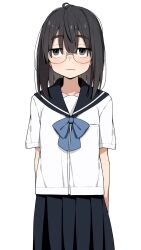 1girl black-framed_eyewear black_eyes black_hair black_skirt blue_bow blush bow closed_mouth glasses grey_eyes hair_between_eyes highres itami_sumihito jimiko looking_at_viewer original pleated_skirt sailor_collar school_uniform serafuku shirt short_sleeves skirt solo striped_background two-tone_background white_background white_shirt