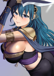 1girl armlet armor ass black_gloves blue_hair breasts female_byleth_(fire_emblem) female_byleth_(jehanna)_(fire_emblem) cape commentary_request dagger fire_emblem fire_emblem:_three_houses fire_emblem_heroes floating_hair gloves hair_between_eyes highres holding holding_dagger holding_knife holding_weapon jewelry knife large_breasts lips long_hair nintendo official_alternate_costume pauldrons pink_lips purple_eyes shoulder_armor smile solo tara_(szzj7733) weapon