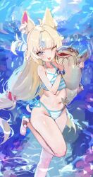 1girl :3 :d ahoge animal_ears barefoot bikini blonde_hair blue_bikini blue_bow blue_eyes blue_hair blue_scrunchie bow breasts cat_ears catfish fang fish hair_bow highres indie_virtual_youtuber kuu_wii long_hair looking_at_viewer multicolored_hair navel one_eye_closed one_side_up open_mouth sameko_saba scrunchie side-tie_bikini_bottom skin_fang small_breasts smile solo streaked_hair striped_bikini striped_clothes swimsuit underwater very_long_hair virtual_youtuber