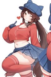 1girl absurdres animal_ears black_choker blue_gloves blue_skirt breasts brown_eyes brown_hair cabbie_hat choker cool_mita_(miside) cool_mita_(miside)_(cosplay) cosplay crop_top crop_top_overhang fake_animal_ears gloves hand_up hat highres indie_virtual_youtuber large_breasts leg_up long_hair long_sleeves looking_at_viewer low_ponytail midriff miniskirt miside mita_(miside) navel one_eye_closed pleated_skirt ponytail red_shirt red_thighhighs shirt simple_background skirt sky_above_me sky_above_me_(vtuber) solo stomach thighhighs very_long_hair virtual_youtuber white_background