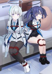 Rule 34 | 2girls, absurdres, ankle boots, arms behind back, bdsm, black pantyhose, black shoes, black skirt, black socks, black suit, blue archive, blue eyes, blue hair, blue necktie, blush, bondage, boots, bound, bound ankles, bound arms, bound legs, bound thighs, bound torso, bound wrists, breast bondage, breasts, couch, formal clothes, furrowed brow, halo, high heel boots, high heels, highres, jacket, jacket partially removed, long hair, looking at viewer, mechanical halo, medium breasts, miniskirt, multiple girls, necktie, noa (blue archive), on couch, pantyhose, purple eyes, red rope, restrained, rope, shibari, shibari over clothes, shirt, shoes, sitting, skirt, small breasts, socks, suit, two side up, vakaosciosa, very long hair, white hair, white halo, white jacket, white shirt, white skirt, white suit, yuuka (blue archive)
