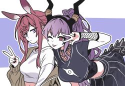 2girls alternate_costume animal_ears arknights black_choker black_horns black_nails black_shirt black_skirt breasts choker closed_mouth colored_skin commentary crop_top cropped_shirt hair_over_shoulder highres horns jacket large_breasts leaning_forward long_hair long_sidelocks long_sleeves looking_at_viewer lucia_(luciatehe) medium_breasts multicolored_skin multiple_girls nail_polish one_eye_closed open_clothes open_jacket ponytail print_shirt purple_background purple_eyes purple_hair rabbit_ears rabbit_girl ray_(arknights) red_eyes shirt sidelocks simple_background single_off_shoulder skirt spiked_choker spikes t-shirt tail tongue tongue_out two-tone_skirt typhon_(arknights) upper_body v white_background white_skirt
