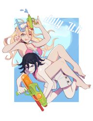 1boy 1girl :p absurdres antenna_hair bare_shoulders barefoot bikini blonde_hair danganronpa_(series) danganronpa_v3:_killing_harmony hair_between_eyes hands_up highres holding holding_water_gun long_hair male_underwear oma_kokichi one_eye_closed pink_bikini shiny_skin shyshortcake smile swimsuit tongue tongue_out underwear v water water_gun
