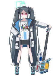 1girl absurdres alternate_costume alternate_hairstyle aqua_halo black_skirt black_socks blue_archive collarbone commentary_request dsfr electric_guitar full_body green_shoes guitar halo highres instrument jacket kei_(blue_archive) long_sleeves looking_at_viewer multicolored_jacket parted_lips pleated_skirt shaded_face shirt shoes simple_background skirt socks solo standing twintails white_background white_jacket white_shirt